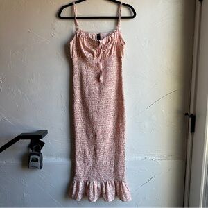 Pink Floral Smocked Midi Dress Milkmaid Babydoll Coquette Cottagecore Y2K S